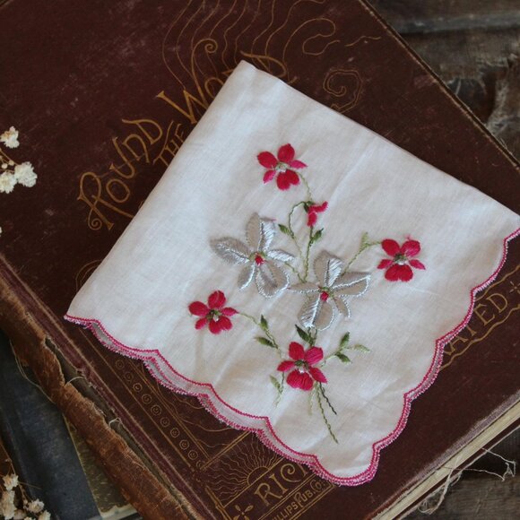 Vintage Christmas Handkerchief, Silver Poinsettia Print Red Trim, Holiday Theme - Picture 1 of 10